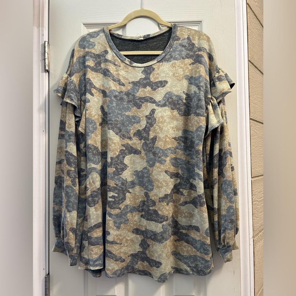 Camo Ruffle shoulder Shirt